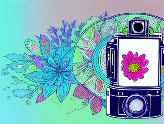 A camera focusing on a vibrant flower in the foreground