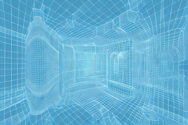 A camera positioned towards an object with three-dimensional grid lines projected onto it