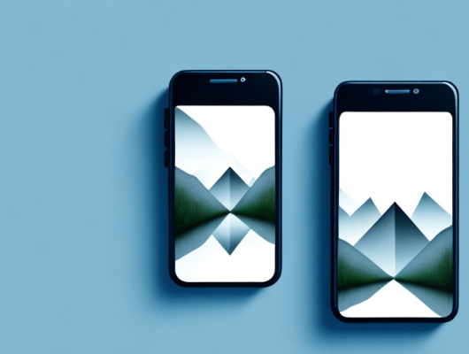 A smartphone positioned on a tripod with a picturesque landscape in the background