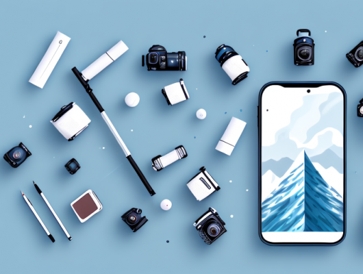 A smartphone set on a tripod with a picturesque landscape in the background