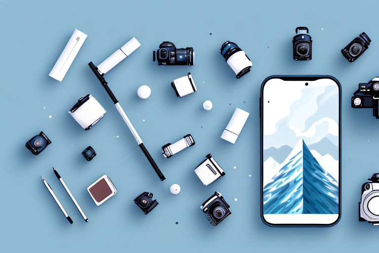 A smartphone set on a tripod with a picturesque landscape in the background