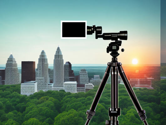 A camera on a tripod with various photography equipment like lenses