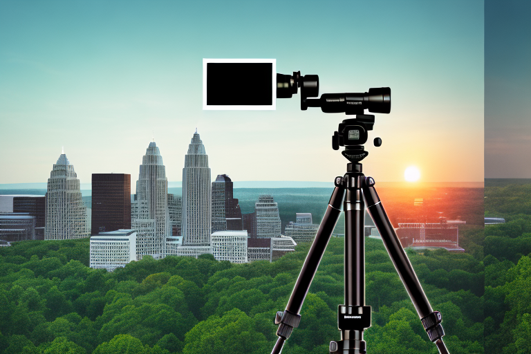 A camera on a tripod with various photography equipment like lenses