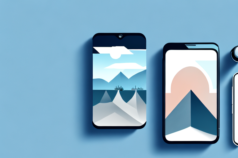 A smartphone set on a tripod with a scenic landscape in the background