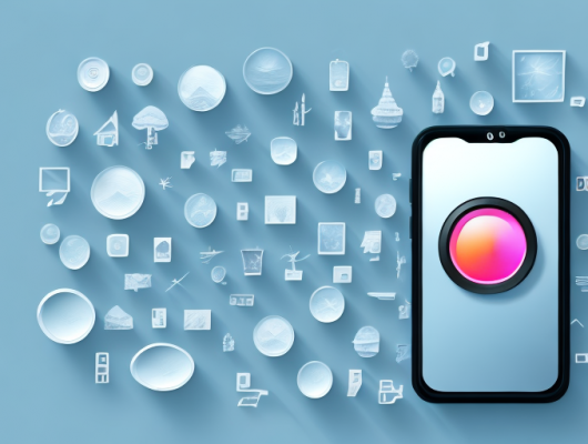 A smartphone with a camera lens zooming in on a picturesque landscape