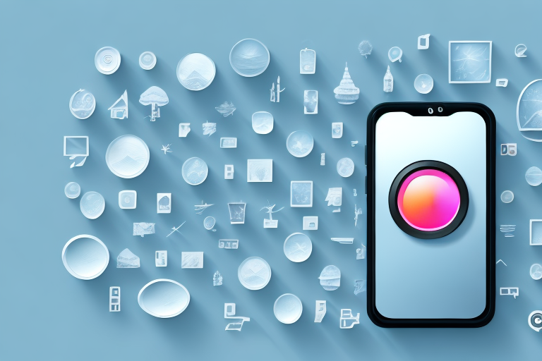 A smartphone with a camera lens zooming in on a picturesque landscape