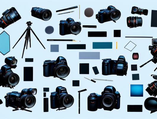 A camera focused on a scenic backdrop with various photography equipment like tripod