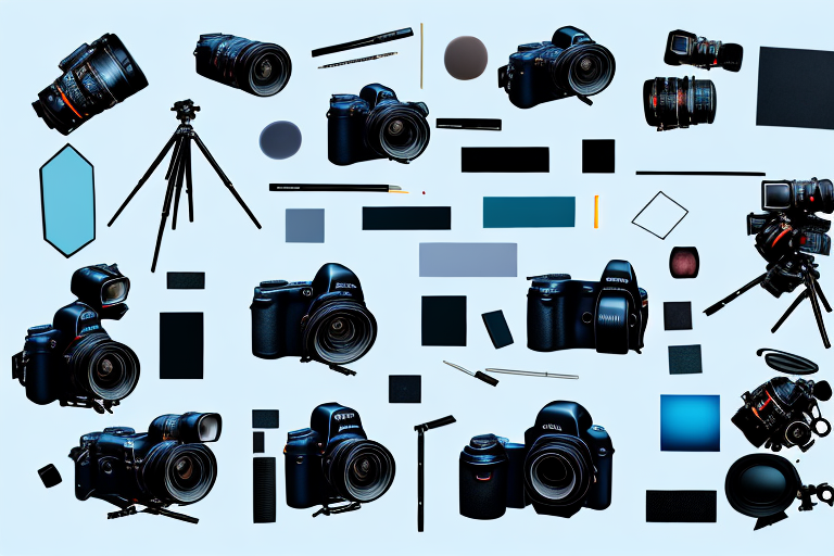 A camera focused on a scenic backdrop with various photography equipment like tripod