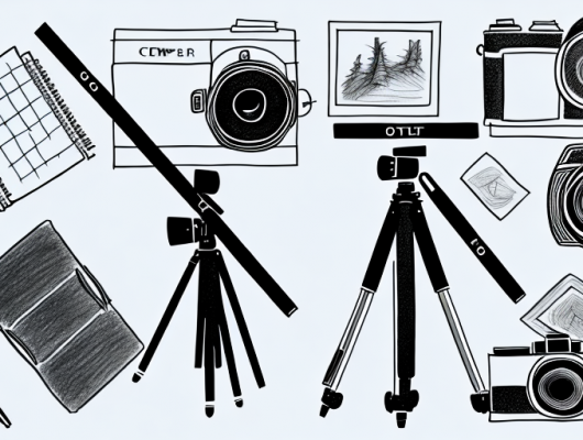 A camera on a tripod focusing on a still life scene