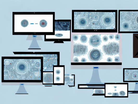 Multiple computer screens displaying different photo organizing software interfaces