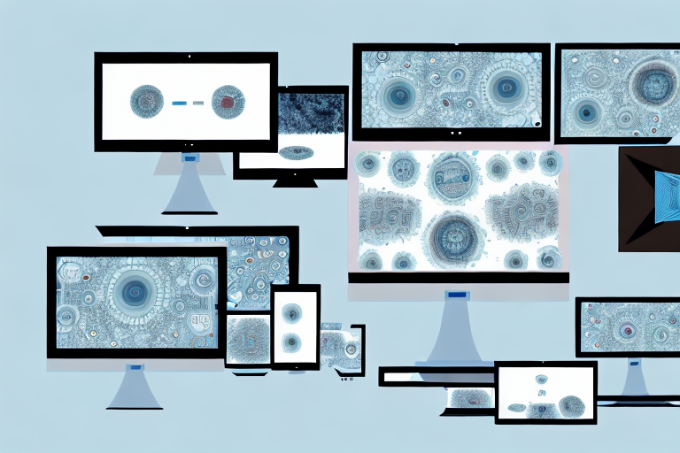 Multiple computer screens displaying different photo organizing software interfaces