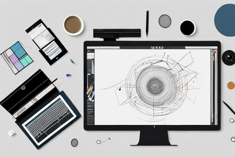 A graphic designer's workspace with a computer screen displaying a design software interface