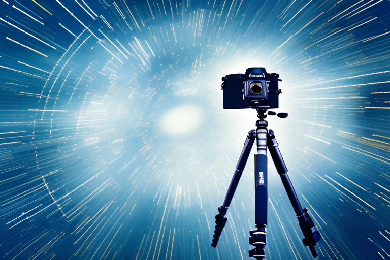 A camera on a tripod capturing a night scene