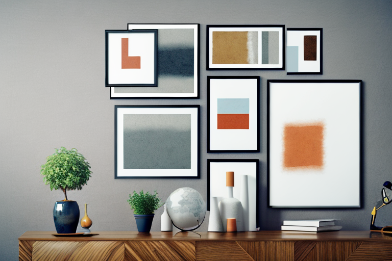 A variety of framed pictures hanging on a wall