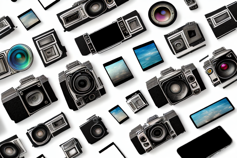 Several smartphones displaying different styles of photo collages