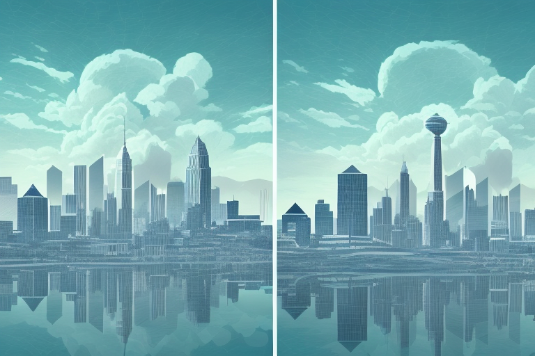 Two separate images - one of a scenic landscape and another of a city skyline - merging together