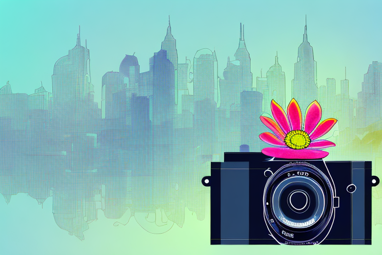A camera focusing on a vibrant flower in the foreground with a blurred cityscape in the background