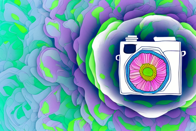 A camera focusing on a vibrant flower with the background appearing blurred and indistinct
