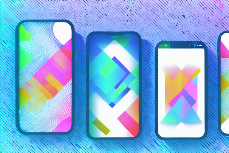 Several smartphones displaying different colorful and abstract digital patterns