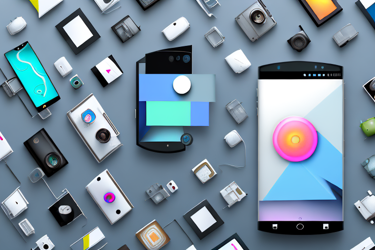 Several different android smartphones with various camera app interfaces displayed on their screens