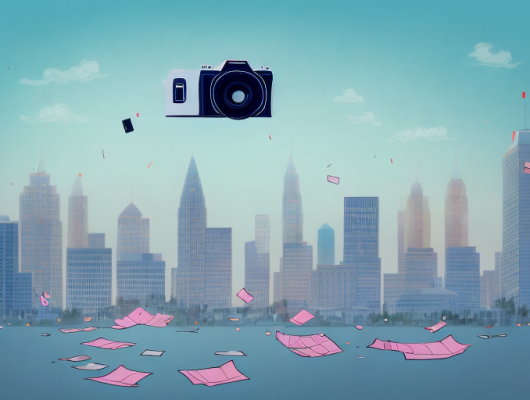 A camera focusing on a cityscape with a few empty clothes floating in the air