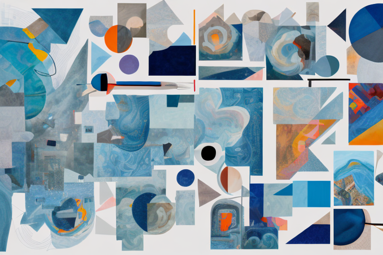 Various pictures of different sizes and shapes being arranged on a large canvas