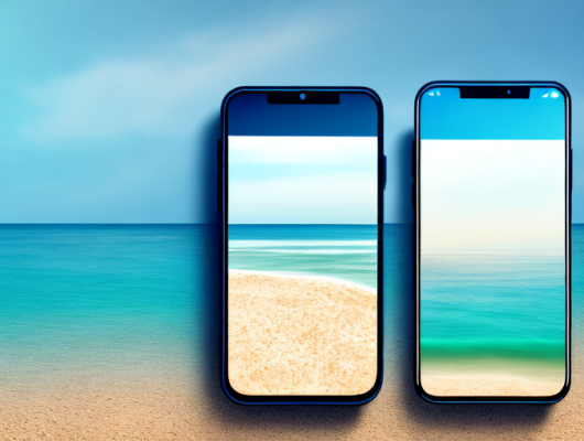 A smartphone displaying a before and after image of a scenic beach