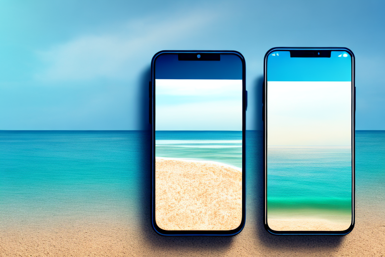 A smartphone displaying a before and after image of a scenic beach