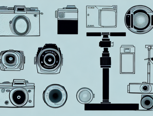 A camera on a tripod focused on a subject with a complex background