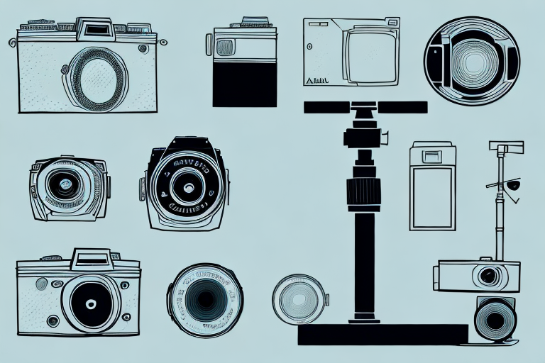 A camera on a tripod focused on a subject with a complex background