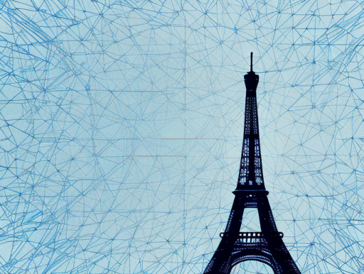 A blurred or pixelated image of a famous landmark