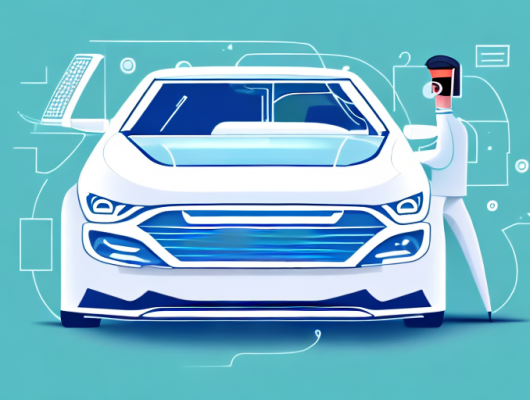 A computer with a car emerging from the screen