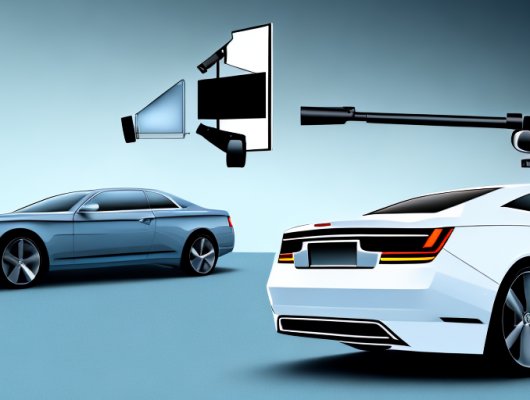 A camera on a tripod aimed at a sleek car in an outdoor setting