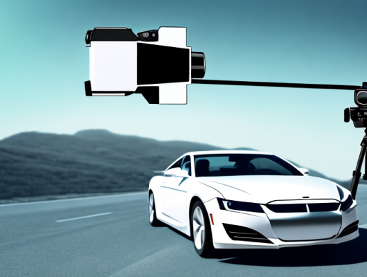 A camera on a tripod set up to capture a sleek car in a scenic outdoor setting