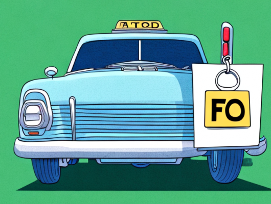 A used car with price tags hanging from the rearview mirror