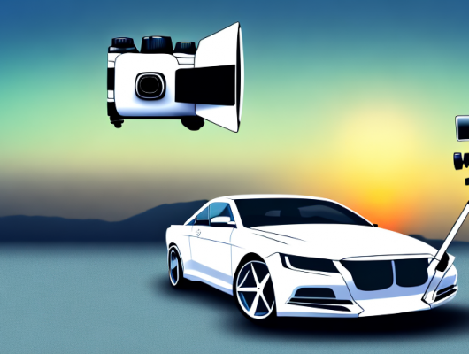 A camera on a tripod focused on a sleek car against a scenic sunset backdrop