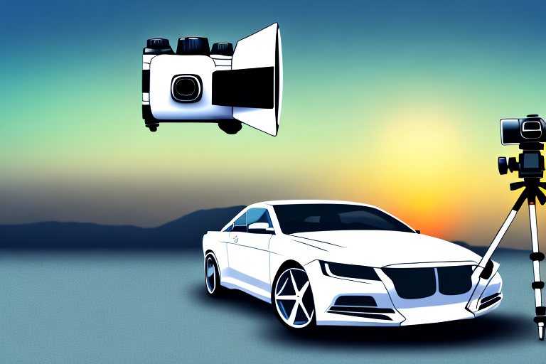 A camera on a tripod focused on a sleek car against a scenic sunset backdrop