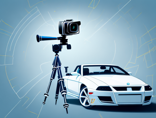 A camera on a tripod focused on a stylish car in an outdoor setting