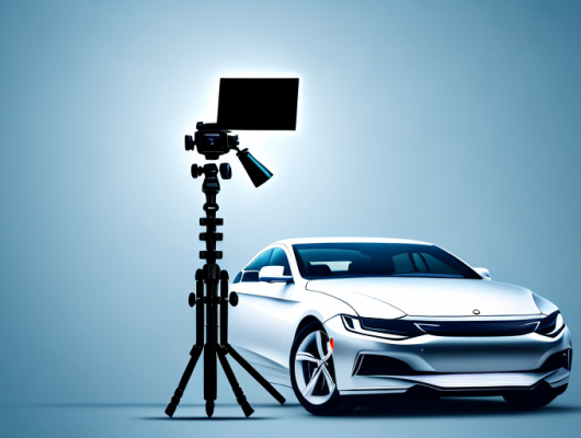 A camera on a tripod focused on a sleek car under dramatic lighting