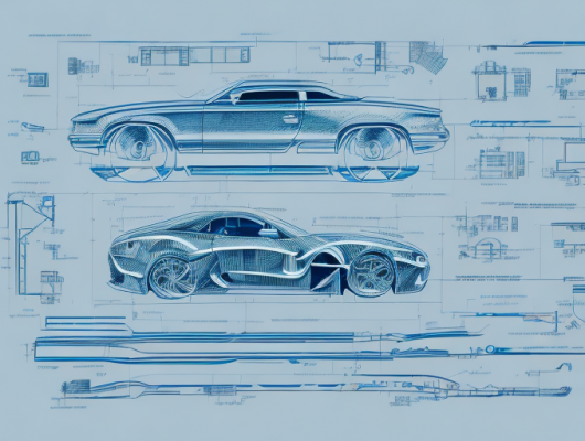 A car with various parts labeled in a schematic or blueprint style