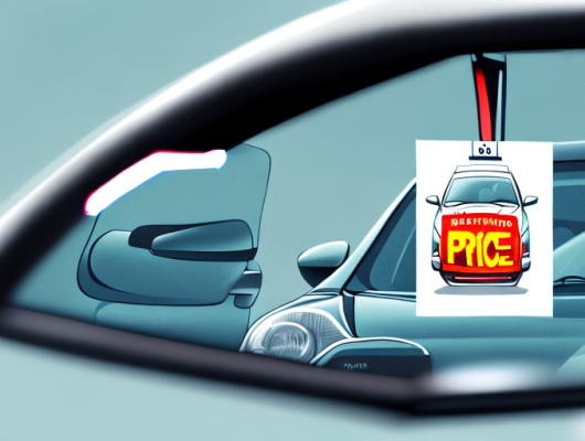 A car with price tag hanging on the rearview mirror