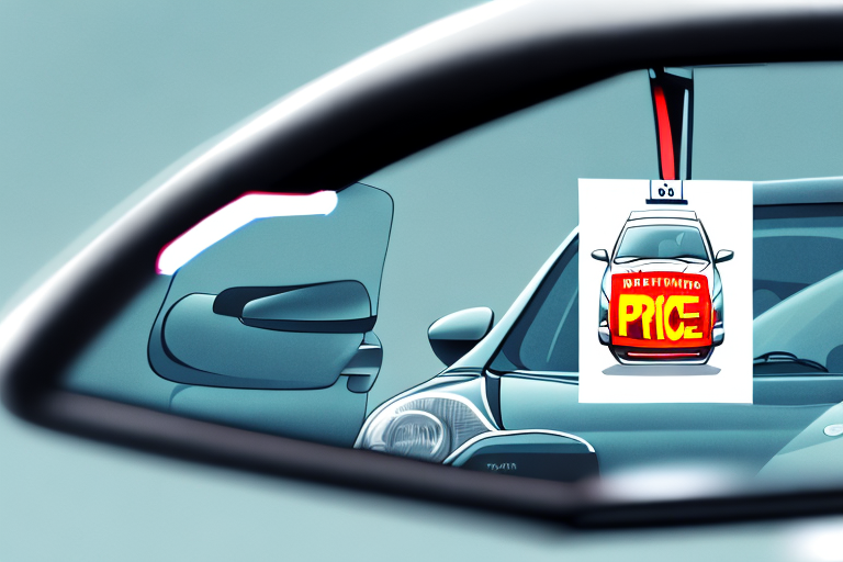 A car with price tag hanging on the rearview mirror
