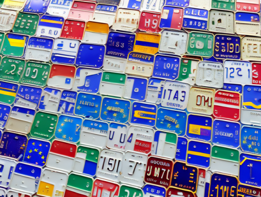 Various european union license plates displayed on a background shaped like the map of europe