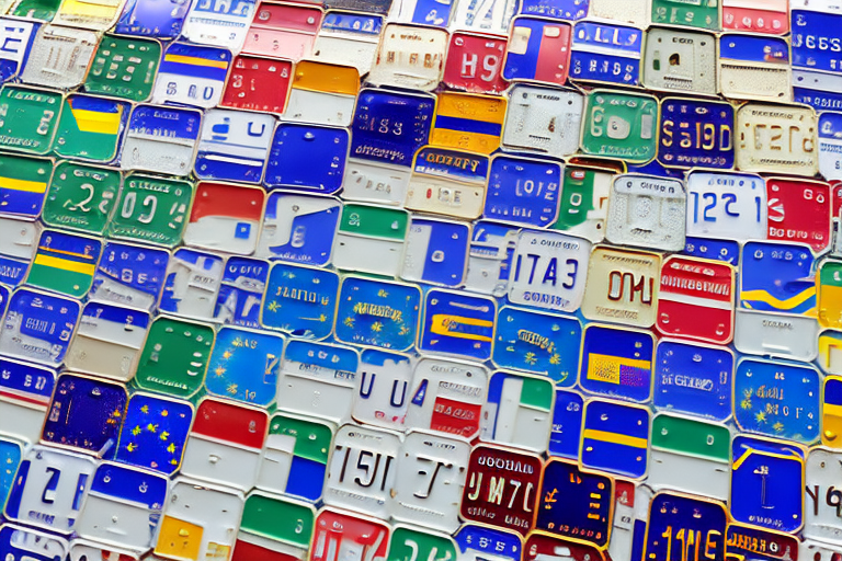 Various european union license plates displayed on a background shaped like the map of europe