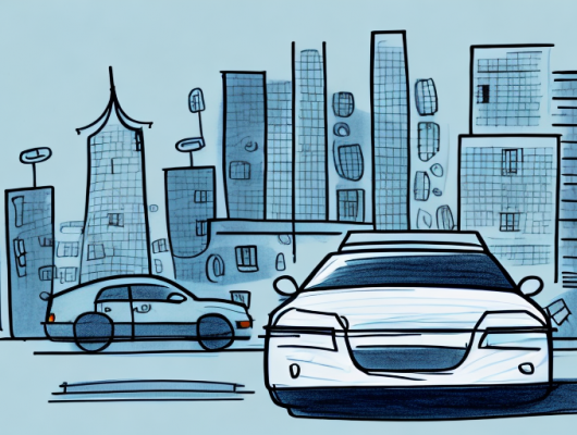 A camera on a tripod focused on a generic car parked on a city street