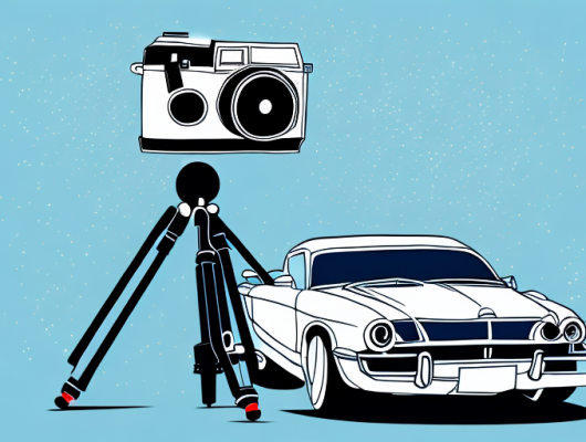 A camera on a tripod aimed at a stylish car parked on a picturesque street
