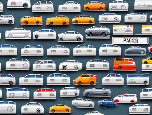 A parking lot with various types of parking signs and license plates on cars