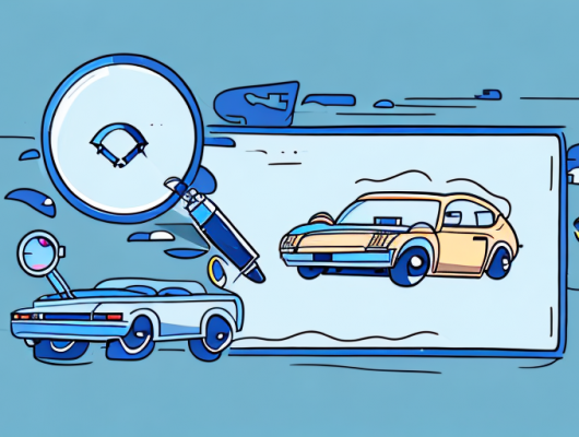 A detective magnifying glass hovering over a car with a license plate