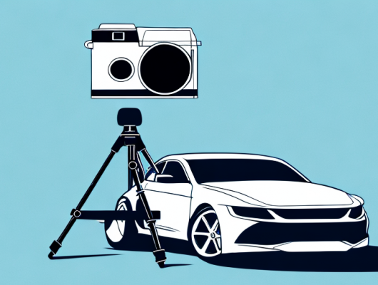 A camera on a tripod focused on a sleek car in a picturesque outdoor setting