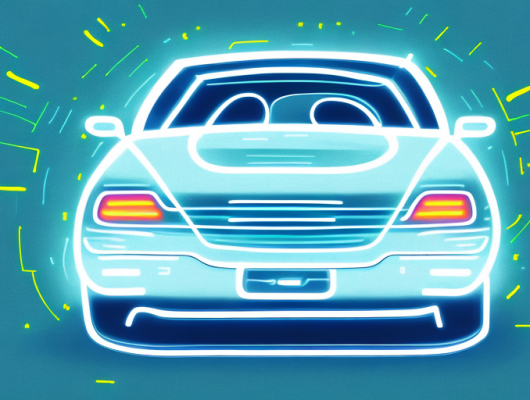 A car with glowing license plates in a dimly lit street scene to depict the concept of self-luminous license plates